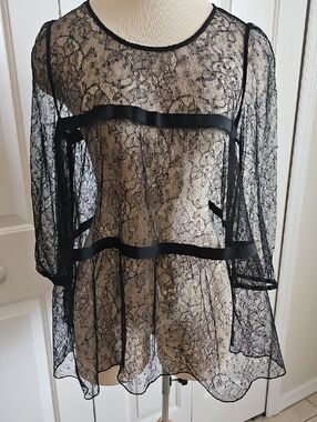 Sheer Black Lace Peplum Tunic with Satin Trim. No Size Or Maker. Meduim?